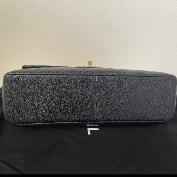 Sold 24k gold plated Black Chanel Caviar Jumbo single flap bag - Picture 8 of 17